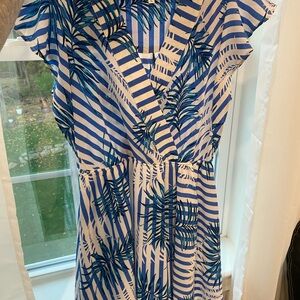 Monteau Blue and White Leaf Print Midi Dress